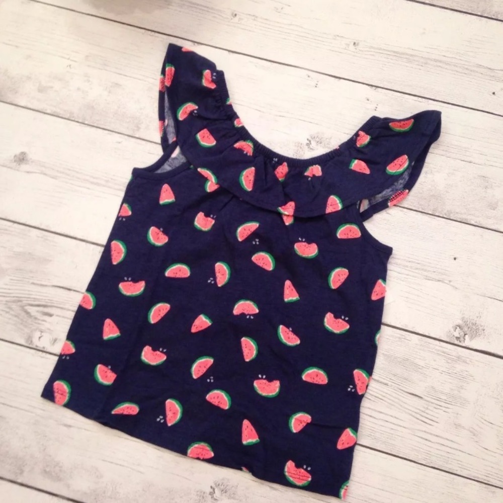 Navy Watermelon Print Ruffle Neckline Top